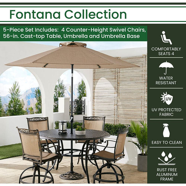 Hanover Fontana 5-Piece Outdoor High-Dining Patio Set, 4 Sling Swivel Counter-Height Chairs, 56" Round Cast Aluminum Table, 9' Umbrella, and Umbrella Base, Brushed Bronze Finish, Rust-Resistant