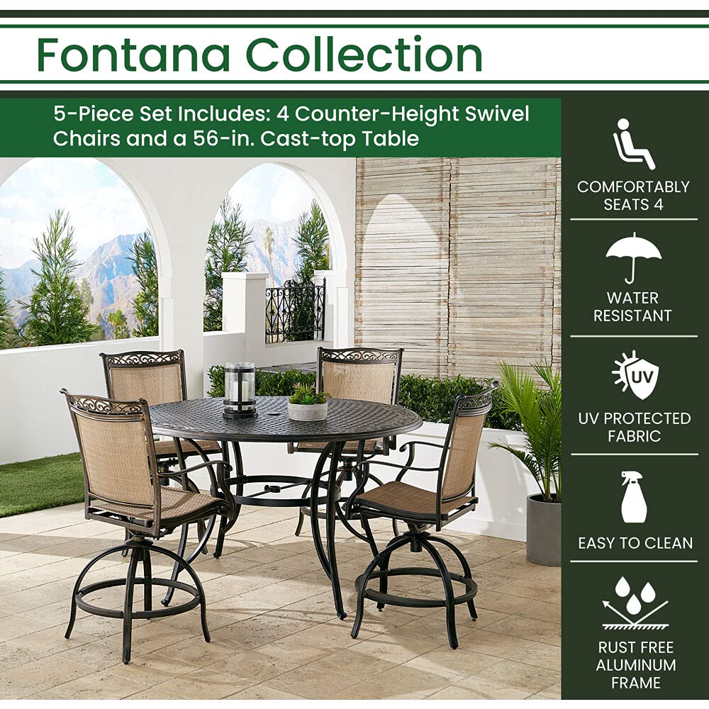 Hanover Fontana 5-Piece Outdoor High-Dining Patio Set, 4 Sling Swivel Counter-Height Chairs and 56" Round Cast Aluminum Table, Brushed Bronze Finish, Rust-Resistant, All-Weather - FNTDN5PCPBRC Hanover Fontana 5-Piece Outdoor High-Dining Patio Set, 4 Sling Swivel Counter-Height Chairs and 56" Round Cast Aluminum Table, Brushed Bronze Finish, Rust-Resistant, All-Weather - FNTDN5PCPBRC