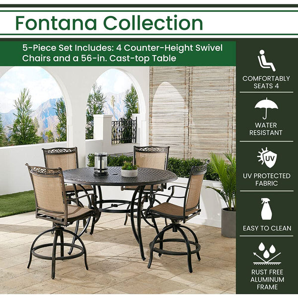 Hanover Fontana 5-Piece Outdoor High-Dining Patio Set, 4 Sling Swivel Counter-Height Chairs and 56" Round Cast Aluminum Table, Brushed Bronze Finish, Rust-Resistant, All-Weather - FNTDN5PCPBRC