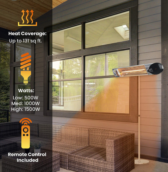 Hanover 1500W 35.4'' Wide Electric Carbon Infrared Heat Lamp with Remote Control and Adjustable Pole Stand | Powerful Heating for Outdoor Areas up to 139 Sq. Ft. | Ideal for Porch, Garage, Workshop