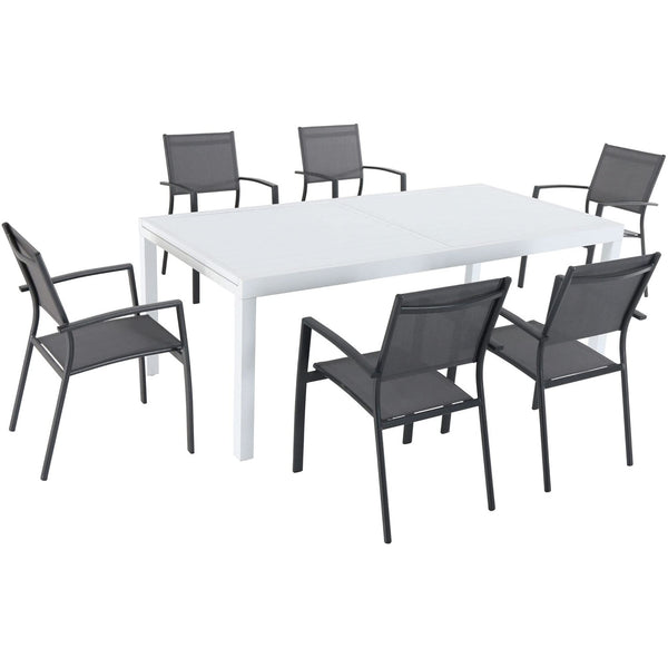 Hanover Del Mar 7-Piece Outdoor Dining Set with 6 Sling Chairs in Gray and a 40" x 118" Expandable Dining Table