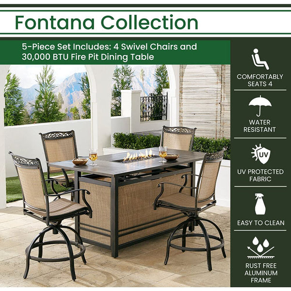 Hanover Fontana 5-Piece Outdoor High-Dining Fire Patio Set, 4 Sling Swivel Counter-Height Chairs and Slat-Top Gas Fire Pit Aluminum Table, Brushed Bronze Finish, Rust-Resistant, All-Weather