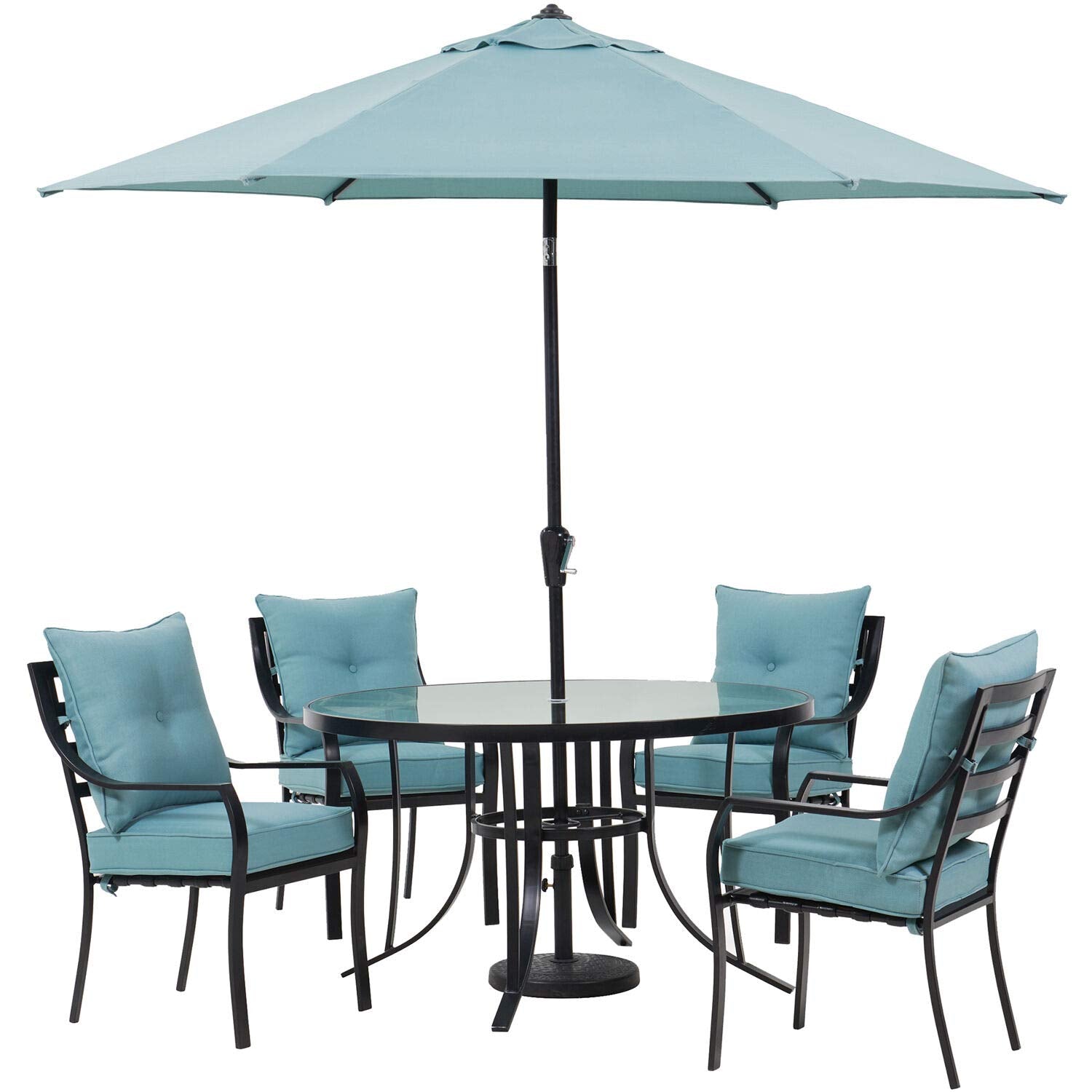 Hanover Lavallette 5-Piece Modern Outdoor Dining Set | 4 UV Protected Cushioned Chairs | 52'' Round Glass-Top Table | Weather Resistant Frame | Ocean Blue | LAVDN5PCRD-BLU Hanover Lavallette 5-Piece Modern Outdoor Dining Set | 4 UV Protected Cushioned Chairs | 52'' Round Glass-Top Table | Weather Resistant Frame | Ocean Blue | LAVDN5PCRD-BLU
