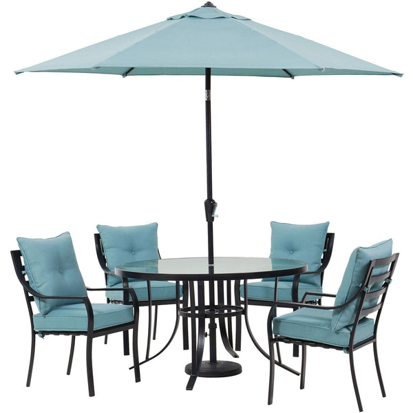 Hanover Lavallette 5-Piece Modern Outdoor Dining Set | 4 UV Protected Cushioned Chairs | 52'' Round Glass-Top Table | Weather Resistant Frame | Ocean Blue | LAVDN5PCRD-BLU
