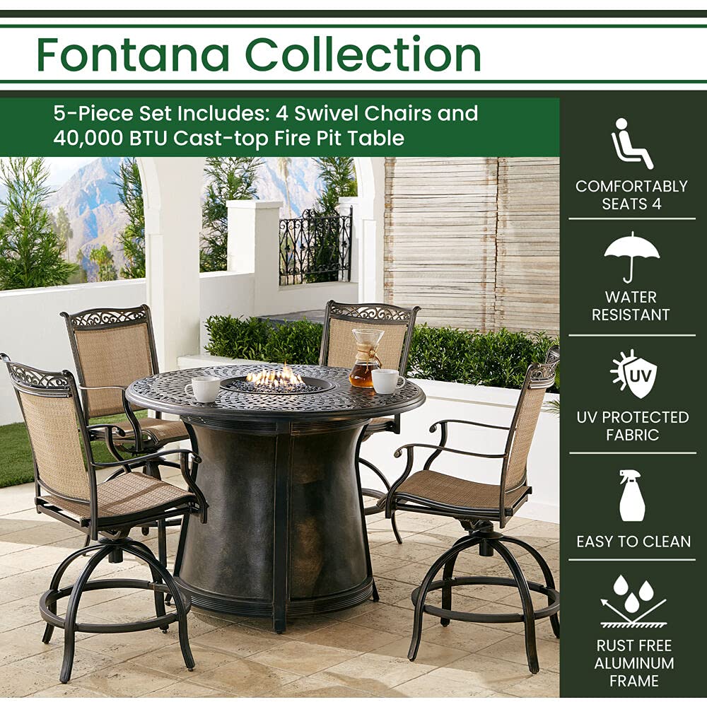 Hanover Fontana 5-Piece Outdoor High-Dining Fire Patio Set, 4 Sling Swivel Counter-Height Chairs and 48" Round Gas Fire Pit Cast Aluminum Table, Brushed Bronze Finish, Rust-Resistant, All-Weather Hanover Fontana 5-Piece Outdoor High-Dining Fire Patio Set, 4 Sling Swivel Counter-Height Chairs and 48" Round Gas Fire Pit Cast Aluminum Table, Brushed Bronze Finish, Rust-Resistant, All-Weather