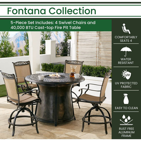 Hanover Fontana 5-Piece Outdoor High-Dining Fire Patio Set, 4 Sling Swivel Counter-Height Chairs and 48" Round Gas Fire Pit Cast Aluminum Table, Brushed Bronze Finish, Rust-Resistant, All-Weather
