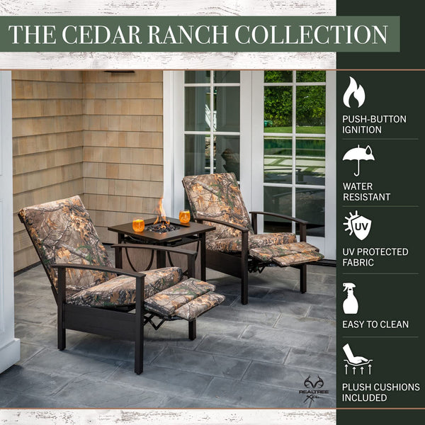 Hanover Cedar Ranch 3-Piece Outdoor Patio Furniture Set, 2 Recliners with Thick Realtree Printed Camo Cushions and Sling Gas Fire Pit, CDRNCH3PCFP-CMO