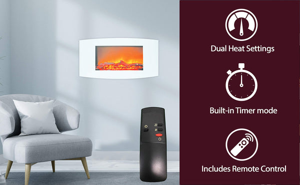 Cambridge Callisto 35 in. Wall-Mount Electric Fireplace with White Curved Panel and Realistic Log Display, CAMBR35WMEF-2WHT