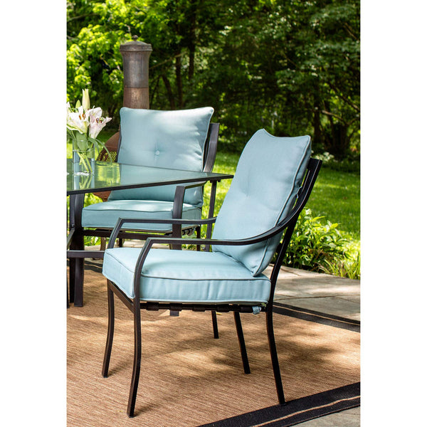 Hanover Lavallette 5-Piece Modern Outdoor Dining Set with 9 ft. Umbrella | 4 UV Protected Cushioned Chairs | Square Glass-Top Table | Weather Resistant Steel Frame | Ocean Blue | LAVDN5PC-BLU-SU