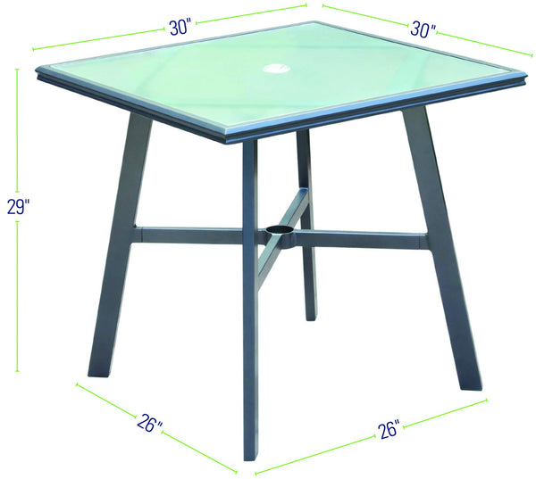 Hanover Aluminum 30" Square Top Bistro Table, Gunmetal/Glass