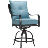 Hanover Lavallette 5-Piece Outdoor Dining Set with 9 ft. Umbrella | 4 Counter-Height Swivel Chairs | UV Protected Cushions | 52'' Round Glass-Top Table | Weather Resistant Frame | Ocean Blue