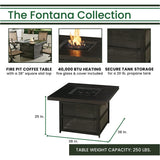 Hanover Fontana 5-Piece Outdoor Patio Fire Pit Seating Set, 4 Sling Swivel Rockers, 38" Square Aluminum Slat Top Gas Fire Pit Table with Lid, Brushed Bronze Finish, Rust-Resistant, All-Weather