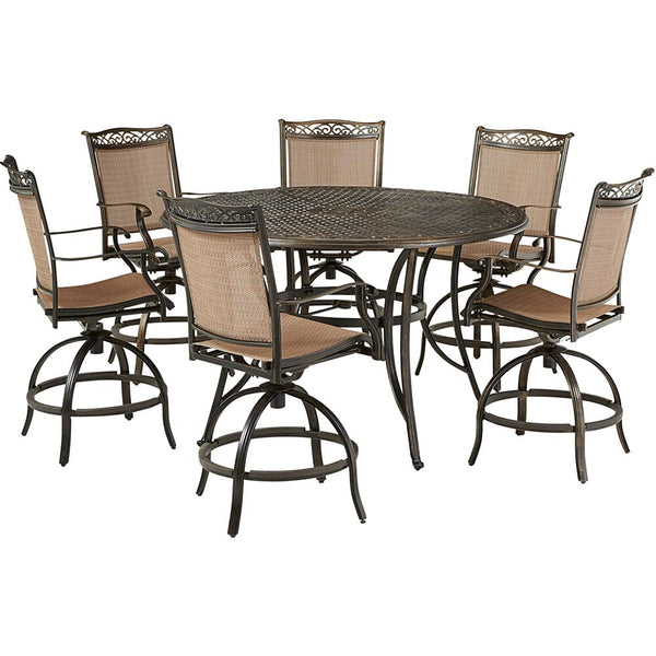 Hanover Fontana 7-Piece Outdoor High-Dining Patio Set, 6 Sling Swivel Counter-Height Chairs and 56" Round Cast Aluminum Table, Brushed Bronze Finish, Rust-Resistant, All-Weather - FNTDN7PCPBRC