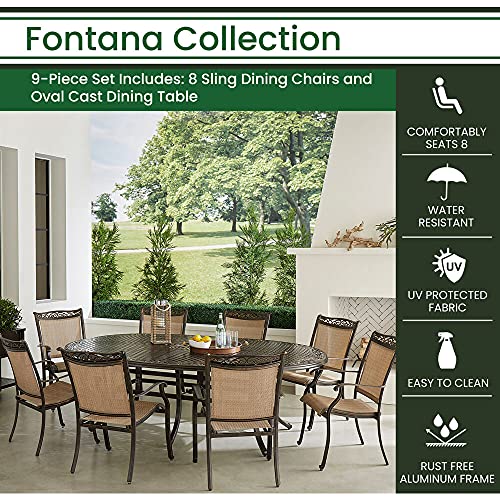 Hanover FNTDN9PCOV Fontana 9-Piece Outdoor Patio Dining Set, 8 Sling Stationary Chairs and 95"x60" Oval Cast Aluminum Table, Brushed Finish, Rust-Resistant, All-Weather-FNTDN9PCOV, Tan/Bronze