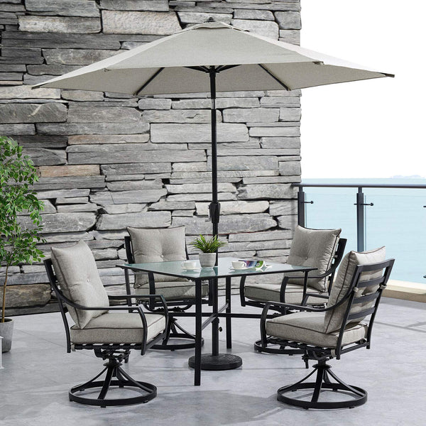Hanover Lavallette 5-Piece Modern Outdoor Dining Set with Umbrella | 4 UV Protected Cushioned Swivel Rocker Chairs | 52'' Round Glass-Top Table | Weather Resistant | Silver | LAVDN5PCSWRD-SLV-SU