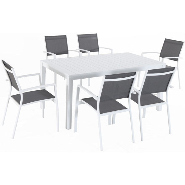 Hanover Del Mar 7-Piece Outdoor Dining Set with 6 Sling Chairs in Gray/White and a 78" x 40" Dining Table