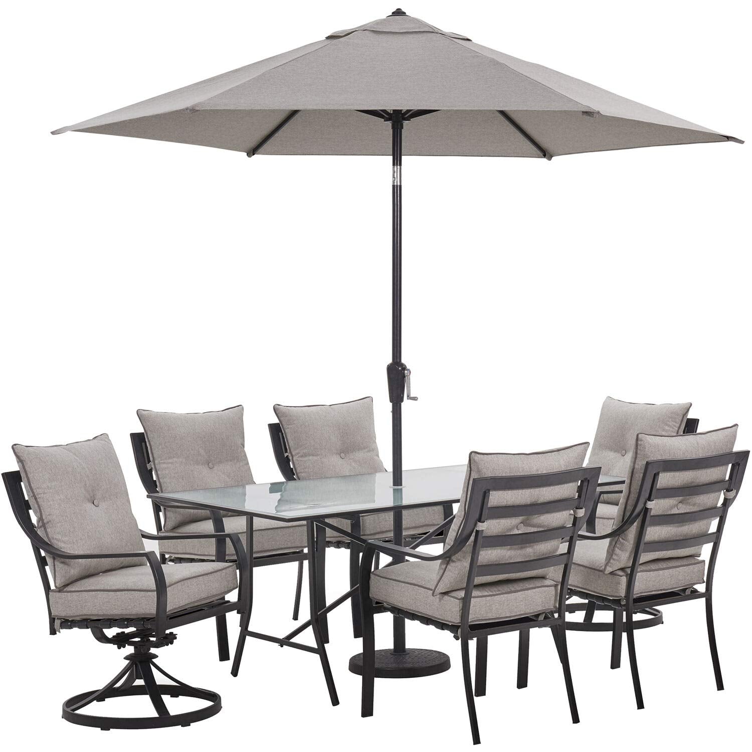 Hanover Lavallette 7-Piece Modern Outdoor Dining Set with Umbrella | 6 Cushioned Swivel Rocker Chairs | 66'' x 38'' Glass-Top Table | Weather Resistant Frame | Silver |LAVDN7PCSW-SLV-SU Hanover Lavallette 7-Piece Modern Outdoor Dining Set with Umbrella | 6 Cushioned Swivel Rocker Chairs | 66'' x 38'' Glass-Top Table | Weather Resistant Frame | Silver |LAVDN7PCSW-SLV-SU