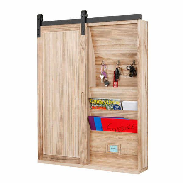 OS Home and Office Solid Wood Barn Door Style Corkboard and Letter and Key Storage Wall Organizer, Distressed Natural Finish