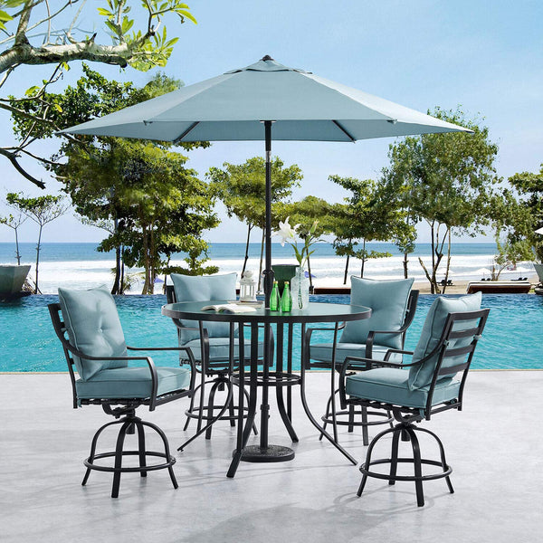Hanover Lavallette 5-Piece Outdoor Dining Set with 9 ft. Umbrella | 4 Counter-Height Swivel Chairs | UV Protected Cushions | 52'' Round Glass-Top Table | Weather Resistant Frame | Ocean Blue