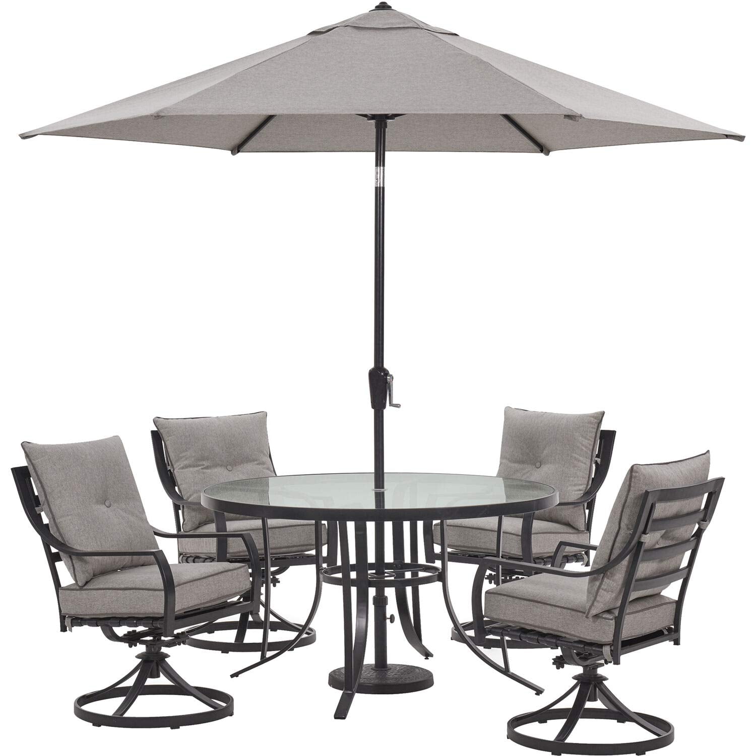 Hanover Lavallette 5-Piece Modern Outdoor Dining Set with Umbrella | 4 UV Protected Cushioned Swivel Rocker Chairs | 52'' Round Glass-Top Table | Weather Resistant | Ocean Blue | LAVDN5PCSWRD-BLU-SU