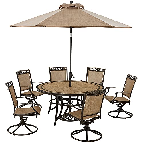 Hanover Fontana 7-Piece Outdoor Patio Dining Set, 6 Sling Swivel Rocker Chairs, 60" Round Tile Table, 9' Umbrella, and Umbrella Base, Brushed Bronze Finish, Rust-Resistant, All-Weather