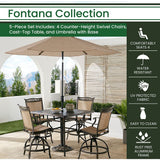 Hanover Fontana 5-Piece Outdoor High-Dining Patio Set, 4 Sling Swivel Counter-Height Chairs, 42" Square Cast Aluminum Table, 9' Umbrella, and Umbrella Base, Brushed Bronze Finish, Rust-Resistant