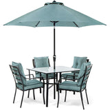 Hanover Lavallette 5-Piece Modern Outdoor Dining Set with 9 ft. Umbrella | 4 UV Protected Cushioned Chairs | Square Glass-Top Table | Weather Resistant Steel Frame | Ocean Blue | LAVDN5PC-BLU-SU