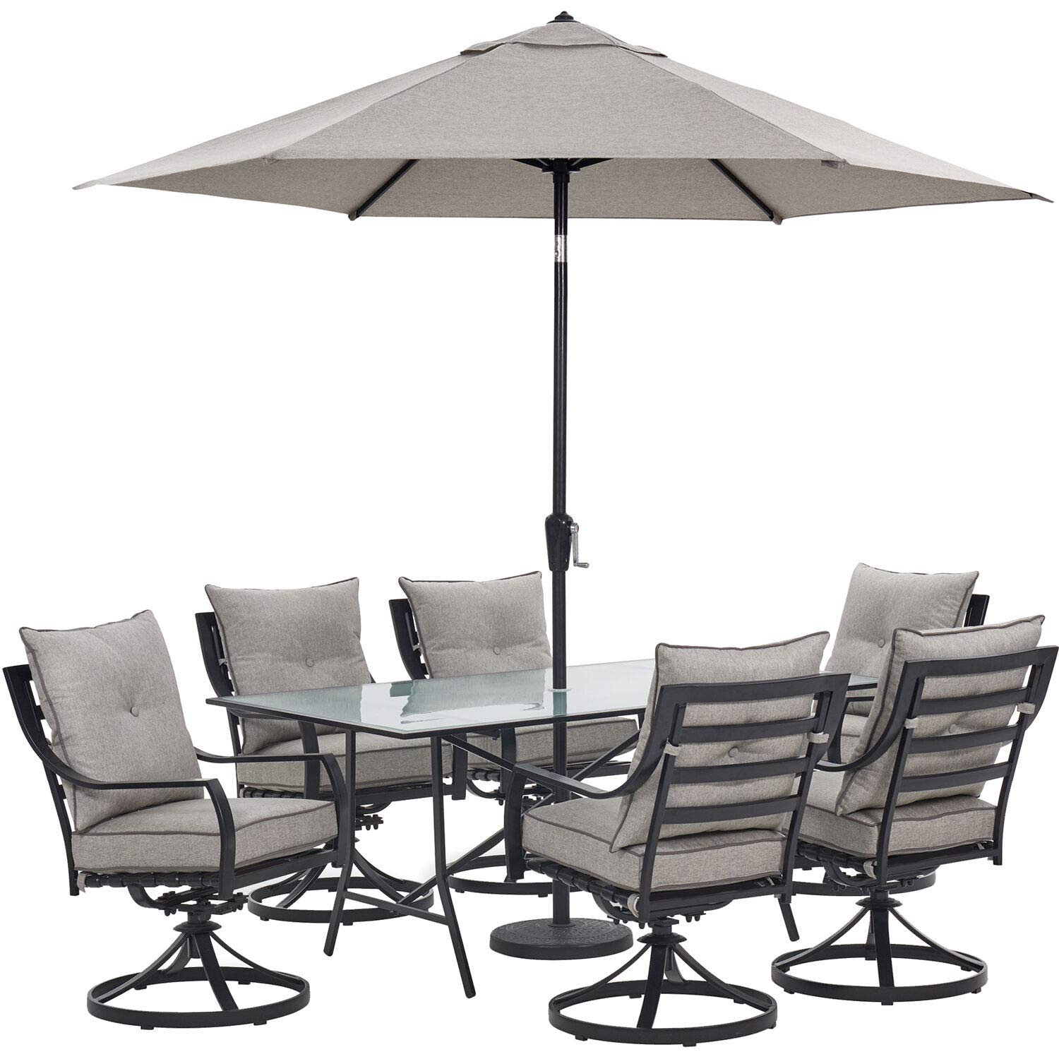 Hanover Lavallette 7-Piece Modern Outdoor Dining Set with Umbrella | 2 Swivel Rockers, 4 Stationary Chairs | 66'' x 38'' Glass-Top Table | Weather, UV Resistant | Silver | LAVDN7PCSW2-SLV-SU