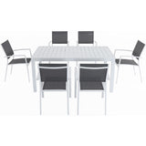 Hanover Del Mar 7-Piece Outdoor Dining Set with 6 Sling Chairs in Gray/White and a 78" x 40" Dining Table