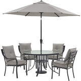 Hanover Lavallette 5-Piece Modern Outdoor Dining Set | 4 UV Protected Cushioned Chairs | 52'' Round Glass-Top Table | Weather Resistant Frame | Silver | LAVDN5PCRD-SLV