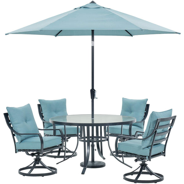 Hanover Lavallette 5-Piece Modern Outdoor Dining Set with Umbrella | 4 UV Protected Cushioned Swivel Rocker Chairs | 42'' Square Glass-Top Table | Weather Resistant Frame | Silver | LAVDN5PCSW-SLV-SU