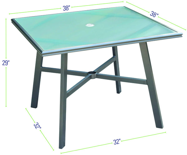 Hanover Aluminum 38" Square Top Dining Table, Gunmetal/Glass