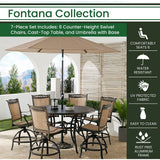 Hanover Fontana 7-Piece Outdoor High-Dining Patio Set, 6 Sling Swivel Counter-Height Chairs, 56" Round Cast Aluminum Table, 9' Umbrella, and Umbrella Base, Brushed Bronze Finish, Rust-Resistant