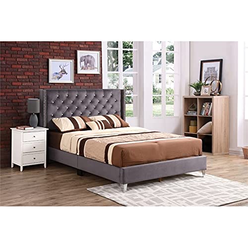 Glory Furniture Julie Velvet Upholstered Queen Bed in Gray