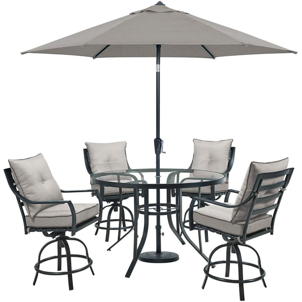 Hanover Lavallette 5-Piece Modern Outdoor Dining Set | 4 Counter-Height Swivel Chairs | UV Protected Cushions | 52'' Round Glass-Top Table | Weather Resistant Frame | Silver | LAVDN5PCBR-SLV