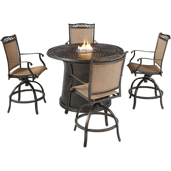 Hanover Fontana 5-Piece Outdoor High-Dining Fire Patio Set, 4 Sling Swivel Counter-Height Chairs and 48" Round Gas Fire Pit Cast Aluminum Table, Brushed Bronze Finish, Rust-Resistant, All-Weather