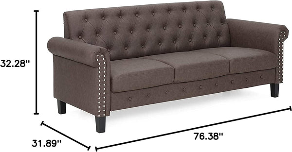 Furinno Bastia Vintage Modern Chesterfield Button Tufted 3-Seater Sofa Couch for Living Room, Brown Faux Leather