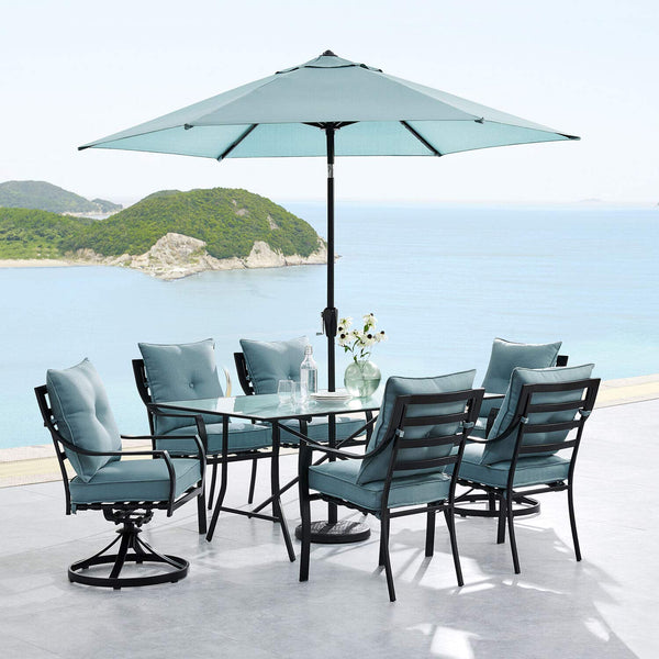 Hanover Lavallette 7-Piece Modern Outdoor Dining Set with Umbrella | 6 Cushioned Swivel Rocker Chairs | 66'' x 38'' Glass-Top Table | Weather Resistant Frame | Ocean Blue | LAVDN7PCSW-BLU-SU