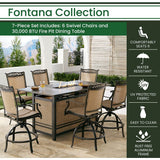 Hanover Fontana 7-Piece Outdoor High-Dining Fire Patio Set, 6 Sling Swivel Counter-Height Chairs and Slat-Top Gas Fire Pit Aluminum Table, Brushed Bronze Finish, Rust-Resistant, All-Weather