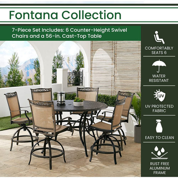 Hanover Fontana 7-Piece Outdoor High-Dining Patio Set, 6 Sling Swivel Counter-Height Chairs and 56" Round Cast Aluminum Table, Brushed Bronze Finish, Rust-Resistant, All-Weather - FNTDN7PCPBRC