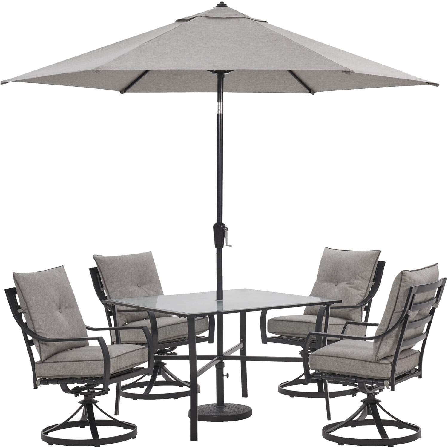 Hanover Lavallette 5-Piece Modern Outdoor Dining Set with Umbrella | 4 UV Protected Cushioned Swivel Rocker Chairs | 52'' Round Glass-Top Table | Weather Resistant | Silver | LAVDN5PCSWRD-SLV-SU