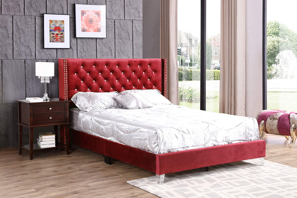 Glory Furniture Julie Velvet Upholstered Queen Bed in Cherry