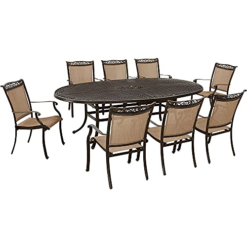 Hanover FNTDN9PCOV Fontana 9-Piece Outdoor Patio Dining Set, 8 Sling Stationary Chairs and 95"x60" Oval Cast Aluminum Table, Brushed Finish, Rust-Resistant, All-Weather-FNTDN9PCOV, Tan/Bronze