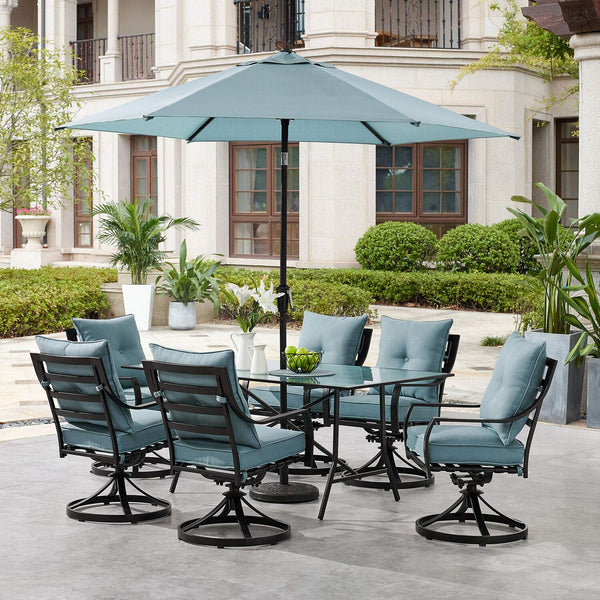 Hanover Lavallette 7-Piece Modern Outdoor Dining Set with Umbrella | 2 Swivel Rockers, 4 Stationary Chairs | 66'' x 38'' Glass-Top Table | Weather, UV Resistant | Ocean Blue | LAVDN7PCSW2-BLU-SU
