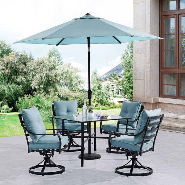Hanover Lavallette 5-Piece Modern Outdoor Dining Set with Umbrella | 4 UV Protected Cushioned Swivel Rocker Chairs | 42'' Square Glass-Top Table | Weather Resistant Frame | Ocean Blue | LAVDN5PCSW-BLU