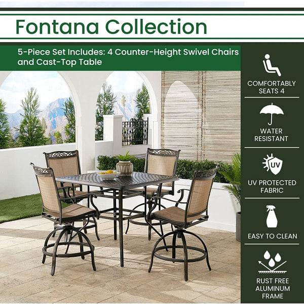 Hanover Fontana 5-Piece Outdoor High-Dining Patio Set, 4 Sling Swivel Counter-Height Chairs and 42" Square Cast Aluminum Table, Brushed Bronze Finish, Rust-Resistant, All-Weather