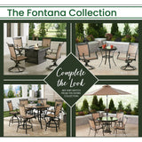 Hanover Fontana 7-Piece Outdoor High-Dining Patio Set, 6 Sling Swivel Counter-Height Chairs, 56" Round Cast Aluminum Table, 9' Umbrella, and Umbrella Base, Brushed Bronze Finish, Rust-Resistant