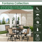 Hanover Fontana 5-Piece Outdoor High-Dining Patio Set, 4 Sling Swivel Counter-Height Chairs, 56" Round Tile-Top Table, 9' Umbrella, and Umbrella Base, Brushed Bronze Finish, Rust-Resistant