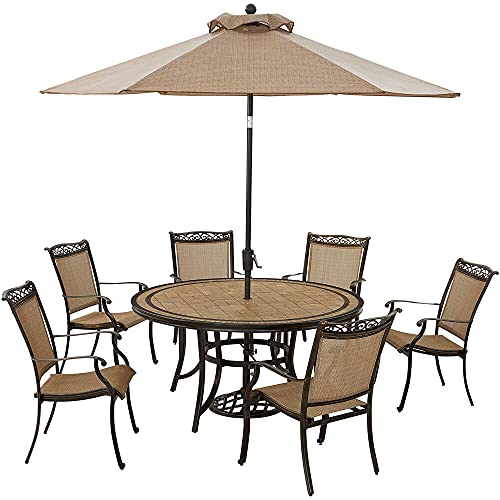 Fontana 7-Piece Outdoor Dining Set with 6 Sling Chairs, 60-in. Tile-Top Table, and 9-ft. Umbrella