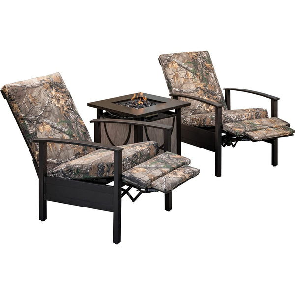 Hanover Cedar Ranch 3-Piece Outdoor Patio Furniture Set, 2 Recliners with Thick Realtree Printed Camo Cushions and Sling Gas Fire Pit, CDRNCH3PCFP-CMO
